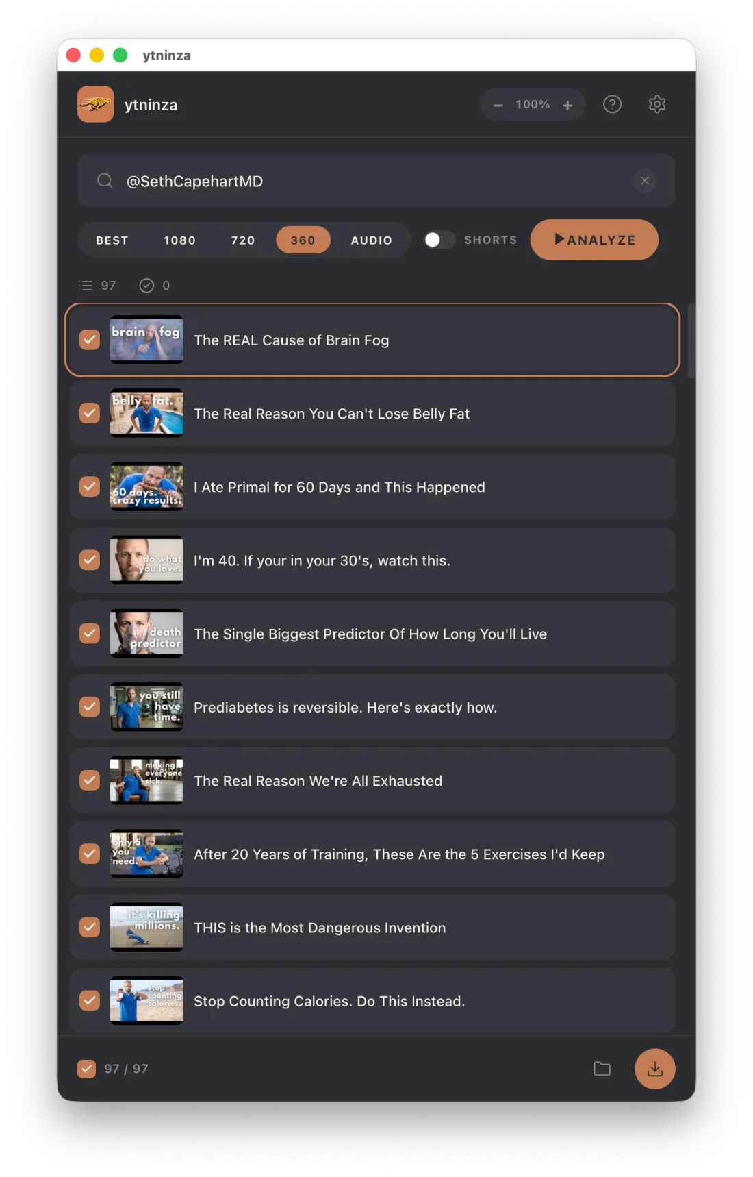 ytninza showing a YouTube channel analysis with selectable videos and quality controls